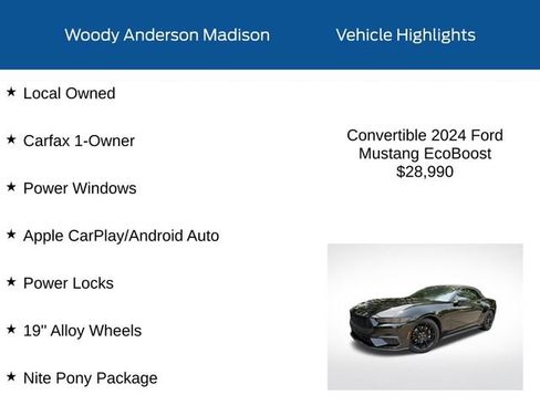 Used 2024 Ford Mustang Convertible w/ Mustang Nite Pony Package RWD image 2