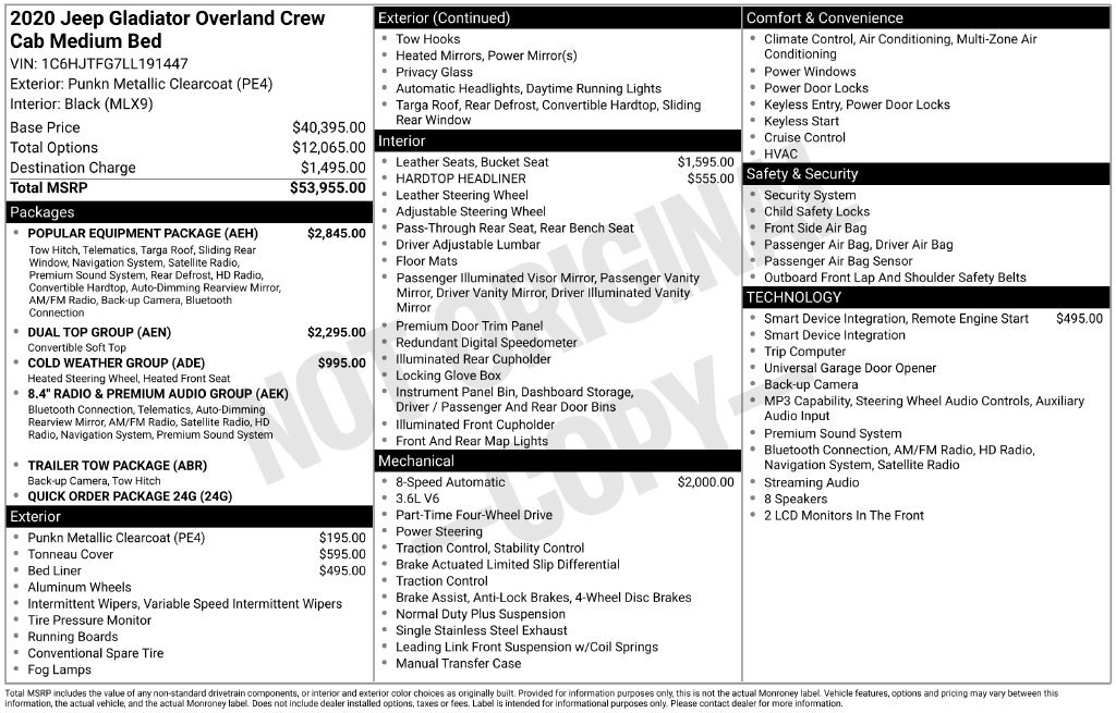 Used 2020 Jeep Gladiator Overland w/ Popular Equipment Package AWD/4WD image 2