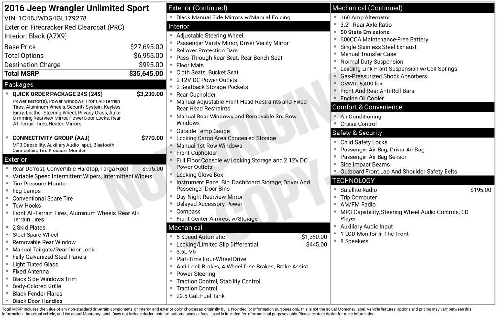 Used 2016 Jeep Wrangler Unlimited Sport w/ Quick Order Package 24S AWD/4WD image 32