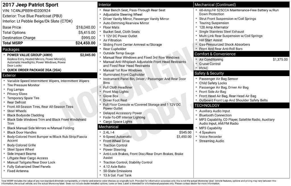 Used 2017 Jeep Patriot Sport w/ Power Value Group FWD image 2