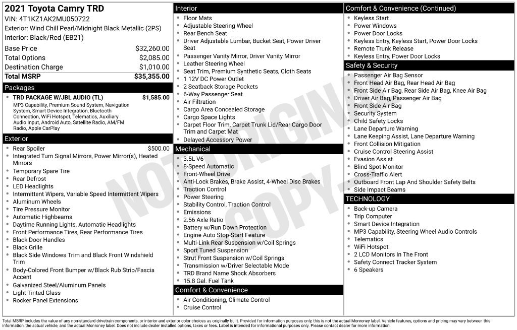 Used 2021 Toyota Camry TRD w/ TRD Package w/JBL Audio FWD image 10