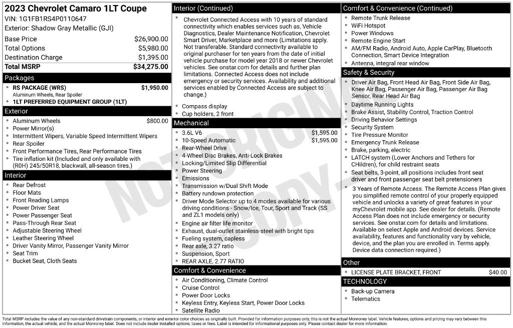 Used 2023 Chevrolet Camaro LT w/ RS Package RWD image 6