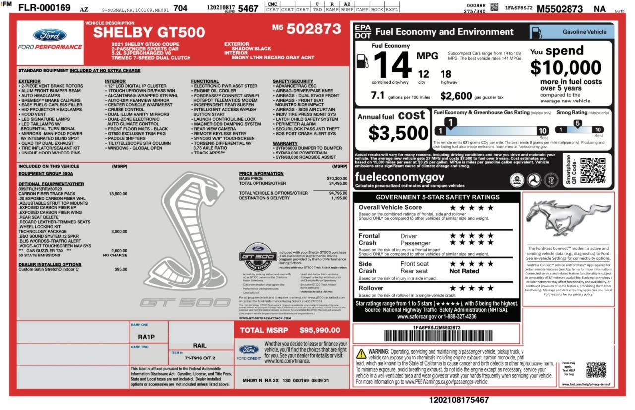 Used 2021 Ford Mustang Shelby GT500 w/ Carbon Fiber Track Pack RWD image 3