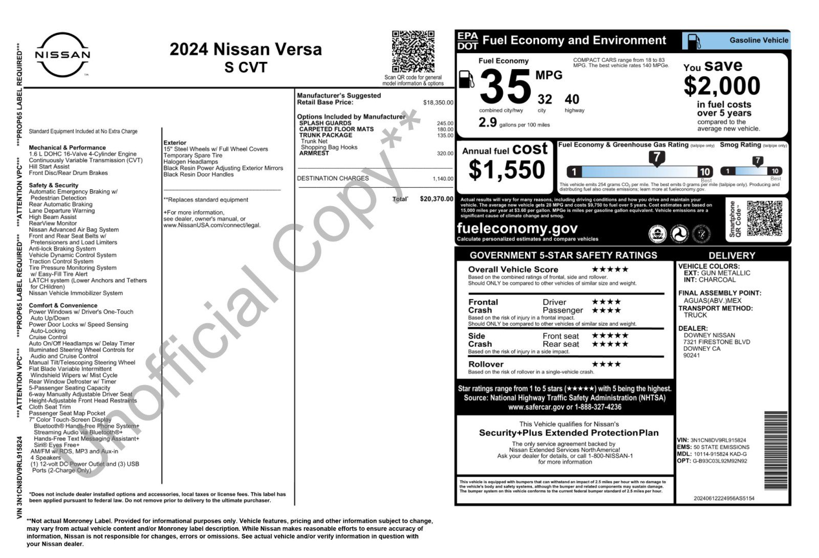 Used 2024 Nissan Versa S w/ Trunk Package FWD image 47