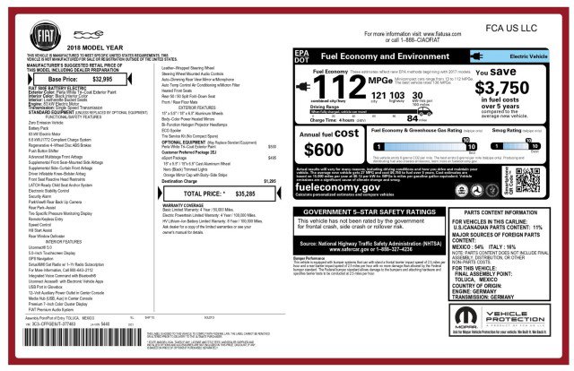 Used 2018 FIAT 500 e w/ Esport Package FWD image 2