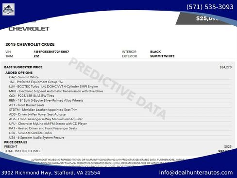 Used 2015 Chevrolet Cruze LTZ w/ Sun, Sound and Sport Package FWD image 1