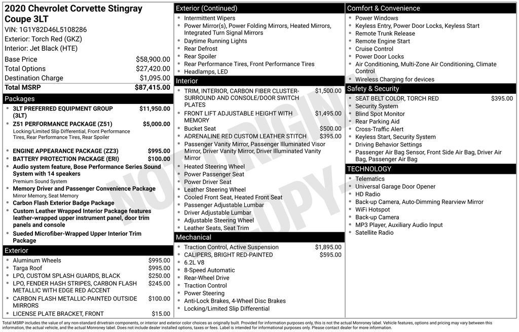 Used 2020 Chevrolet Corvette Stingray Premium Cpe w/ 3LT Preferred Equipment Group RWD image 5