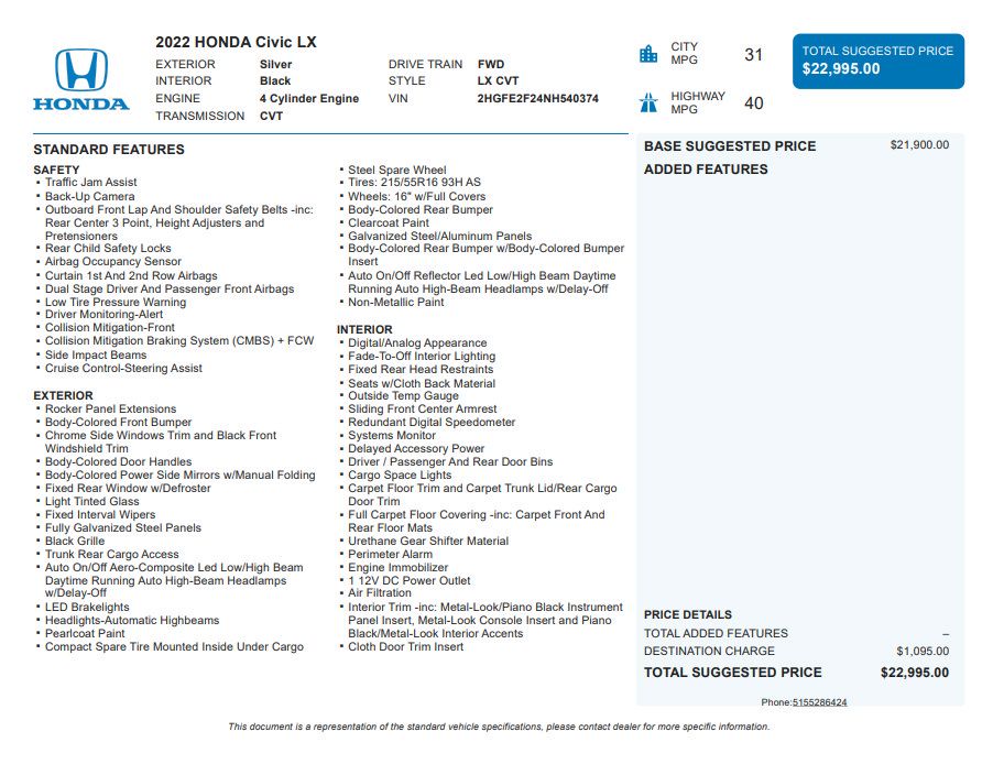 Used 2022 Honda Civic LX image 3