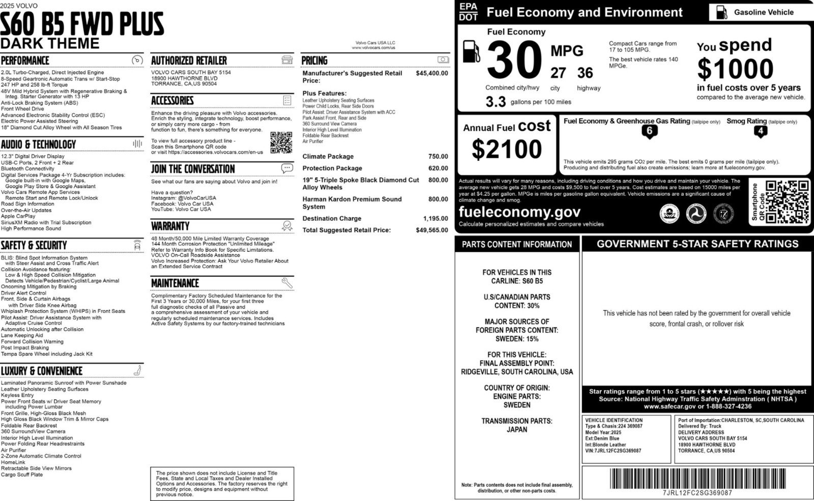 Used 2025 Volvo S60 B5 Plus w/ Climate Package FWD image 59