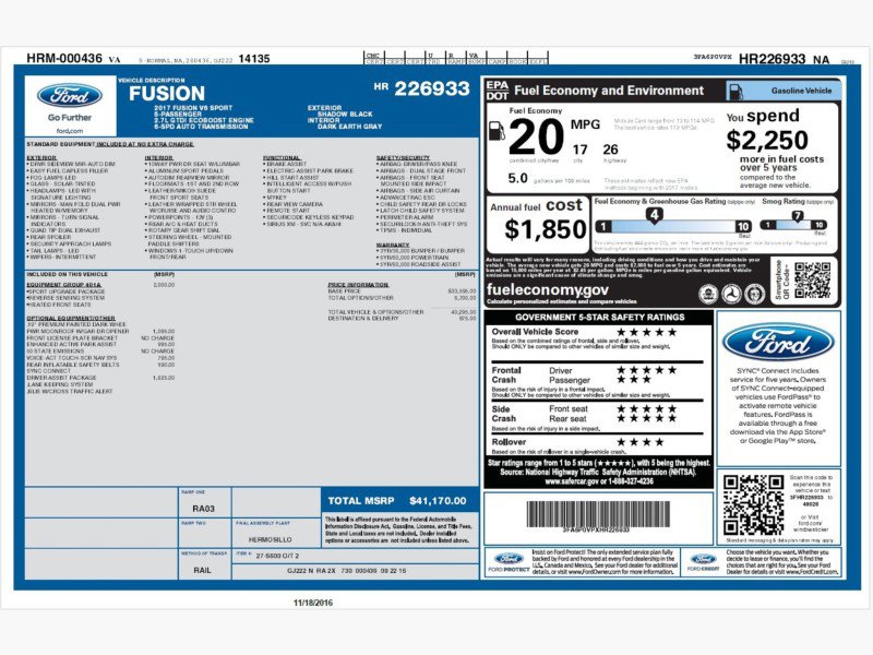 Used 2017 Ford Fusion Sport w/ Equipment Group 401A AWD/4WD image 2
