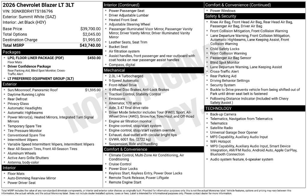 New 2026 Chevrolet Blazer LT w/ LPO, Floor Liner Package FWD image 11