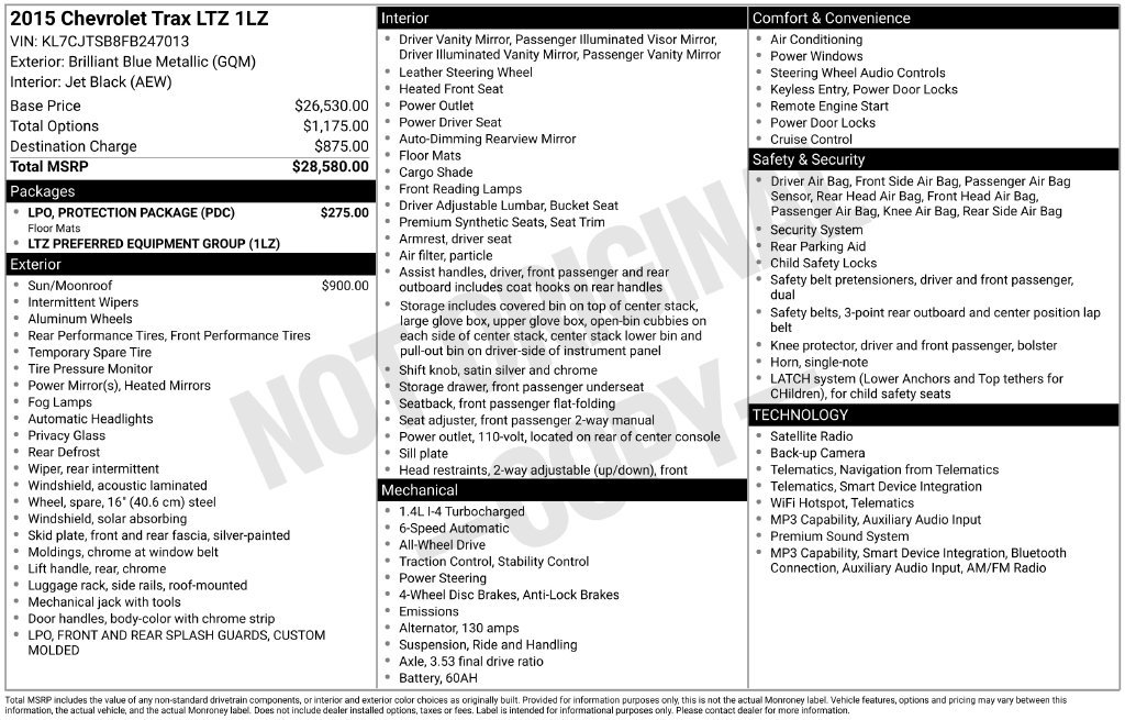 Used 2015 Chevrolet Trax LTZ w/ LPO, Protection Package AWD/4WD image 5
