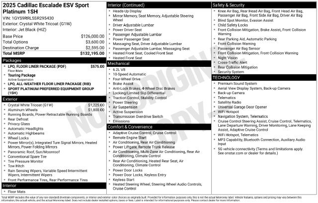 Certified 2025 Cadillac Escalade ESV Sport Platinum w/ LPO, Floor Liner Package AWD/4WD image 4