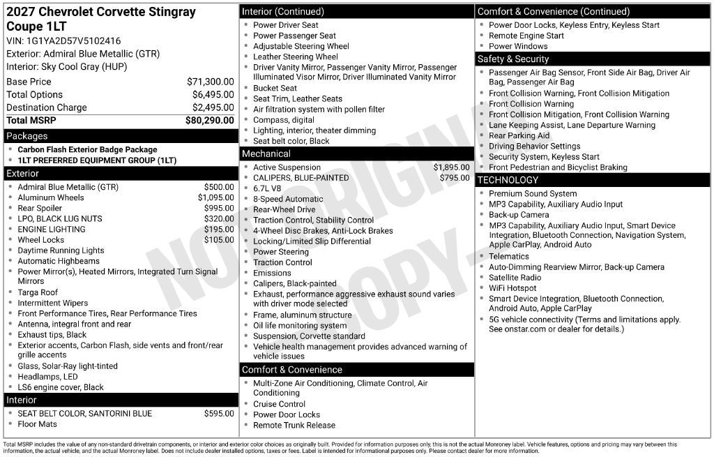 New 2027 Chevrolet Corvette Stingray Coupe w/ 1LT RWD image 11