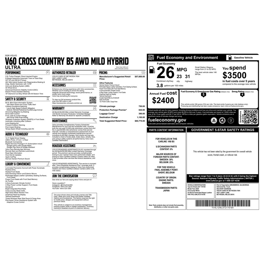 Certified 2026 Volvo V60 B5 Cross Country Ultra w/ Protection Package Premier AWD/4WD image 3