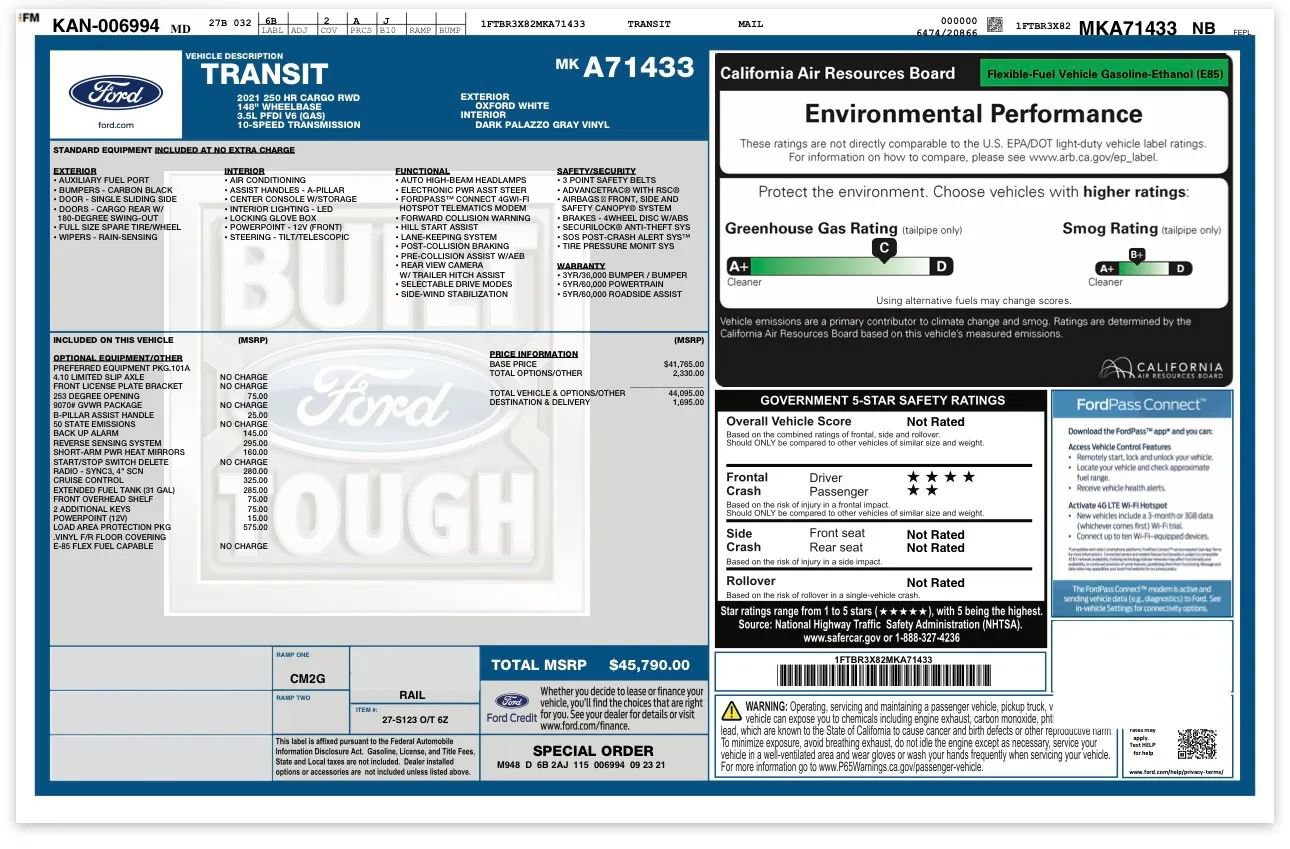 Used 2021 Ford Transit 250 148 High Roof Extended w/ Load Area Protection Package RWD image 21
