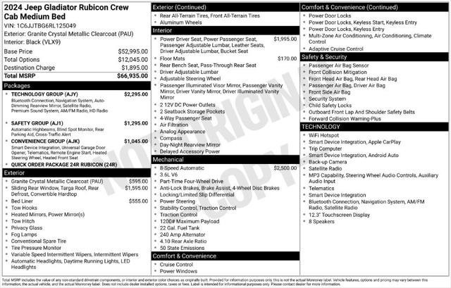 Certified 2024 Jeep Gladiator Rubicon w/ Technology Group AWD/4WD image 1