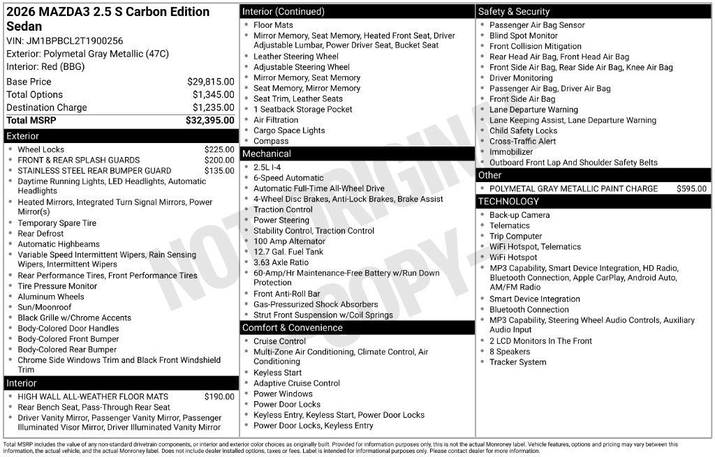 New 2026 MAZDA MAZDA3 Carbon AWD/4WD image 2