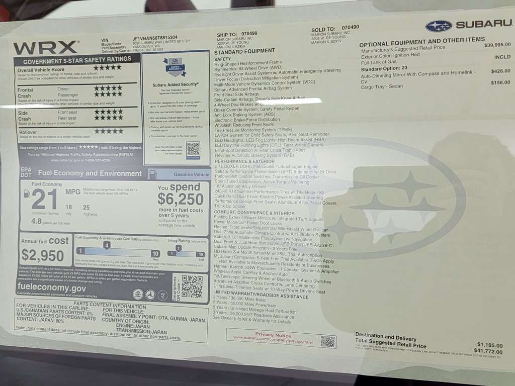New 2026 Subaru WRX Limited AWD/4WD image 17