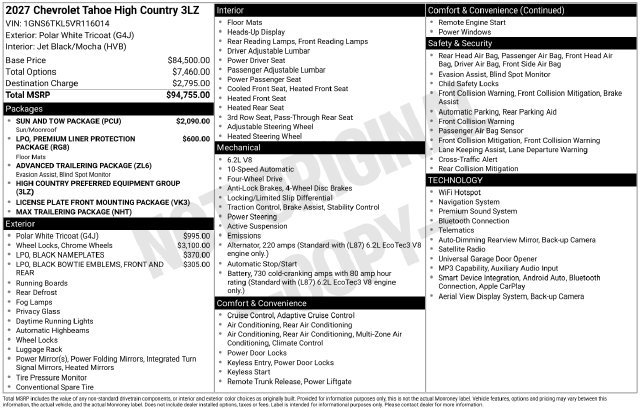New 2027 Chevrolet Tahoe High Country w/ Sun And Tow Package AWD/4WD image 4