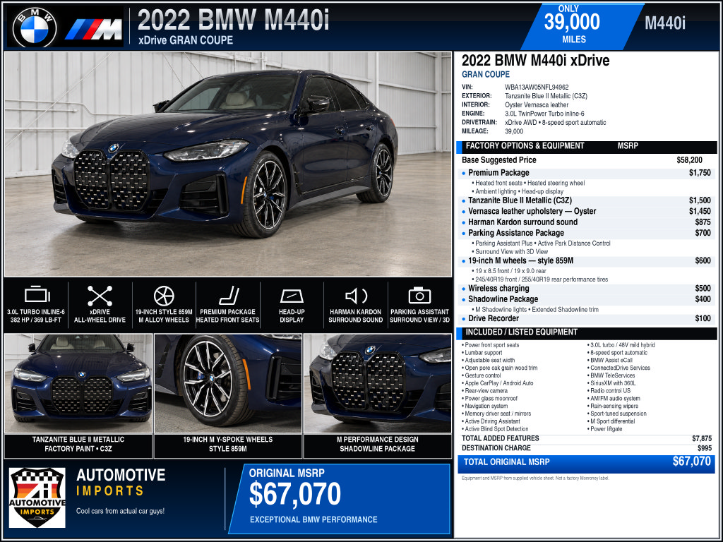 Used 2022 BMW M440i xDrive Gran Coupe w/ Premium Package AWD/4WD image 2