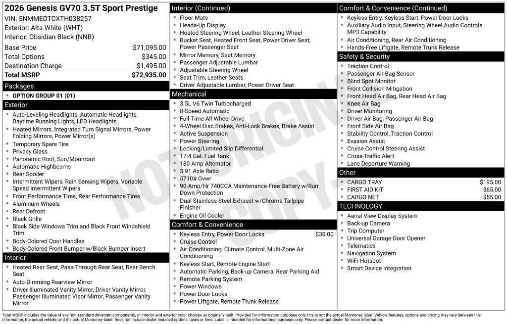 Certified 2026 Genesis GV70 3.5T Sport Prestige AWD/4WD image 16