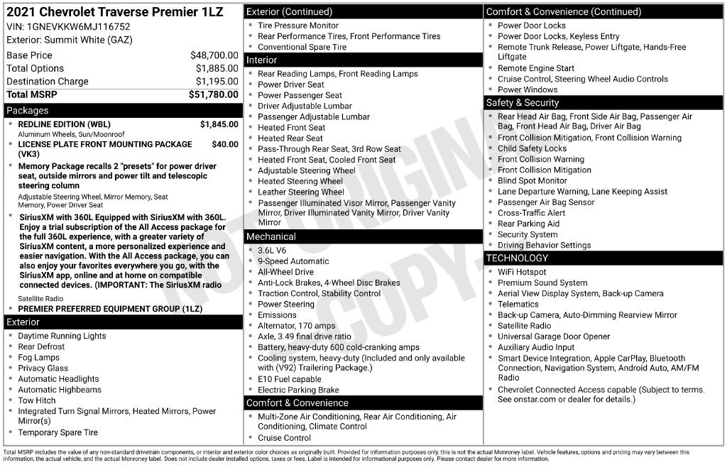 Used 2021 Chevrolet Traverse Premier w/ Redline Edition AWD/4WD image 11