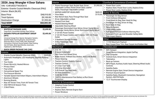 New 2026 Jeep Wrangler Unlimited Sahara w/ Whitecap Package AWD/4WD image 44