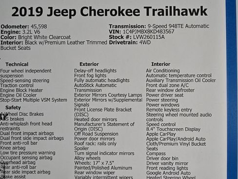 Used 2019 Jeep Cherokee Trailhawk w/ Cold Weather Group AWD/4WD image 30