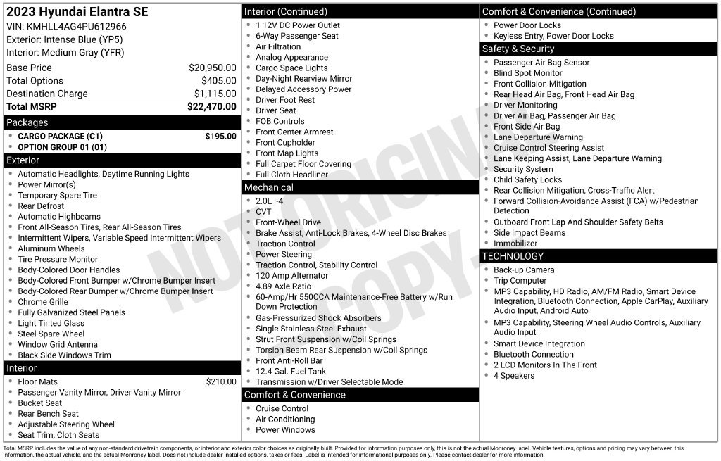 Used 2023 Hyundai Elantra SE w/ Cargo Package FWD image 7
