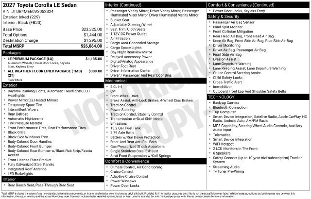 New 2027 Toyota Corolla LE w/ LE Premium Package FWD image 27