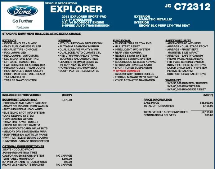 Used 2018 Ford Explorer Sport w/ Equipment Group 401A AWD/4WD image 2