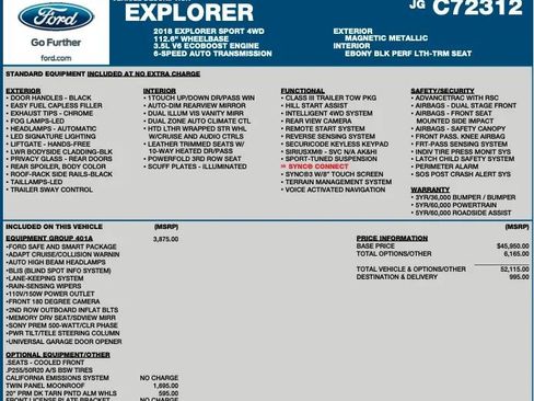 Used 2018 Ford Explorer Sport w/ Equipment Group 401A AWD/4WD image 2