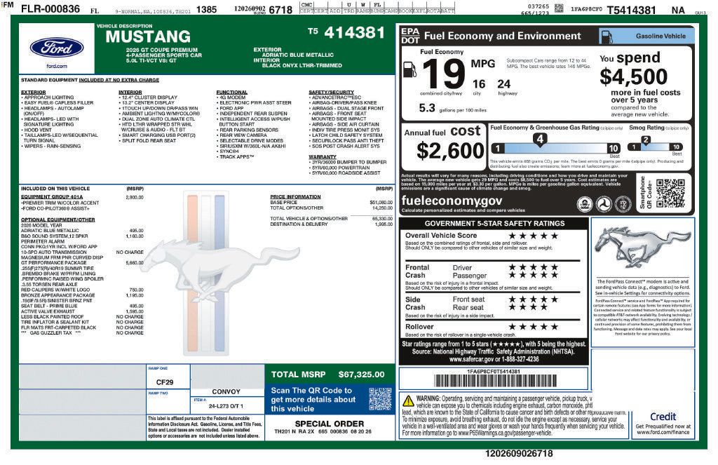 New 2026 Ford Mustang GT Premium w/ GT Performance Package RWD image 1