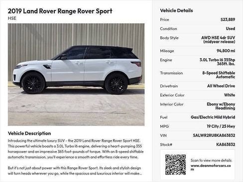 Used 2019 Land Rover Range Rover Sport HSE AWD/4WD image 46