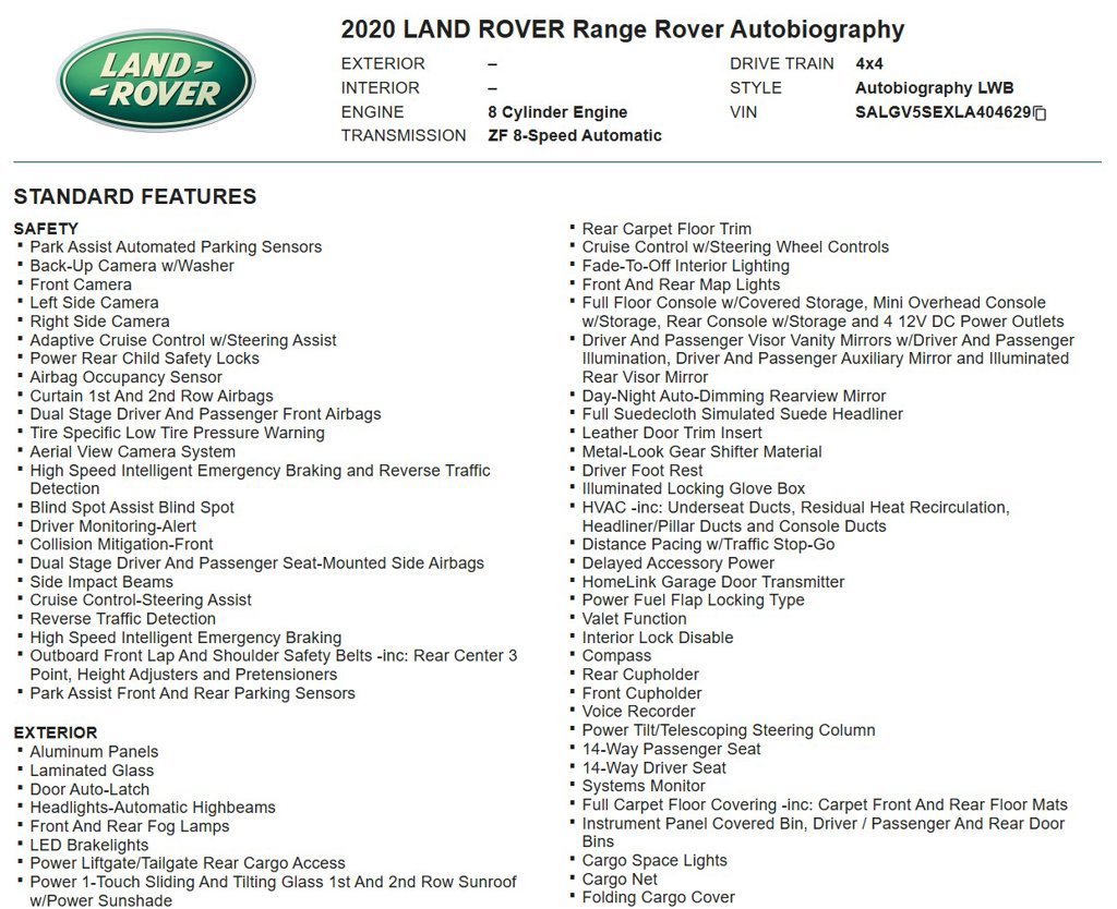 Used 2020 Land Rover Range Rover Long Wheelbase Autobiography AWD/4WD image 15