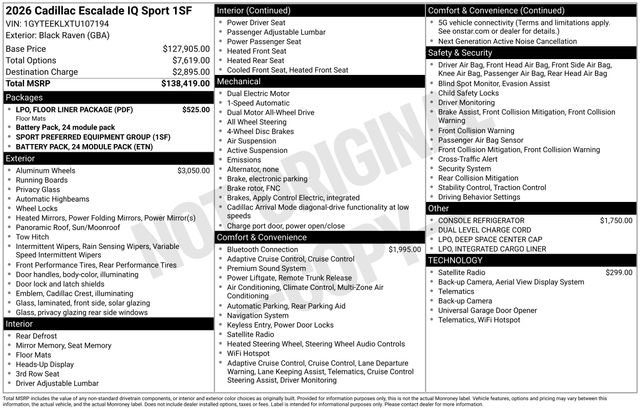 New 2026 Cadillac Escalade IQ Sport 1 w/ LPO, Floor Liner Package AWD/4WD image 4