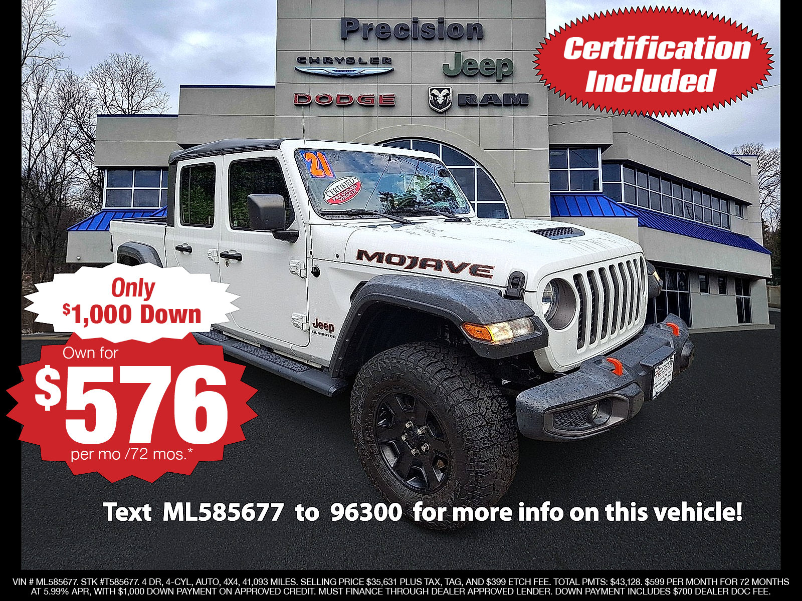 Certified 2021 Jeep Gladiator Mojave AWD/4WD image 1