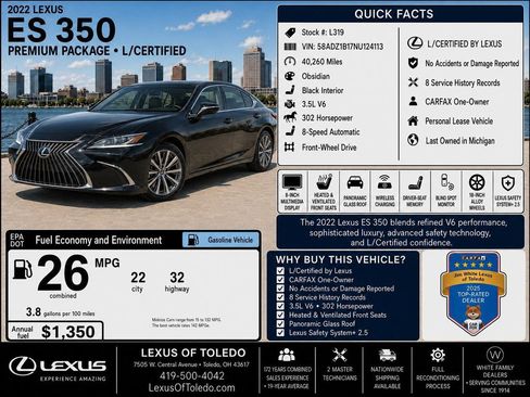 Used 2022 Lexus ES 350 w/ Premium Package FWD image 1