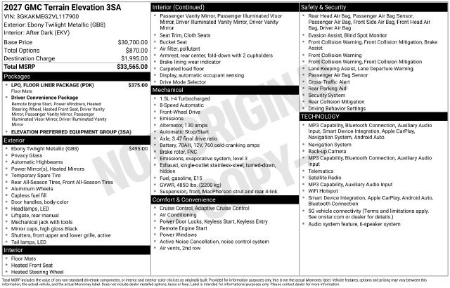 New 2027 GMC Terrain Elevation w/ LPO, Floor Liner Package FWD image 25