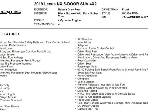 Used 2019 Lexus NX 300 FWD w/ Comfort Package image 16