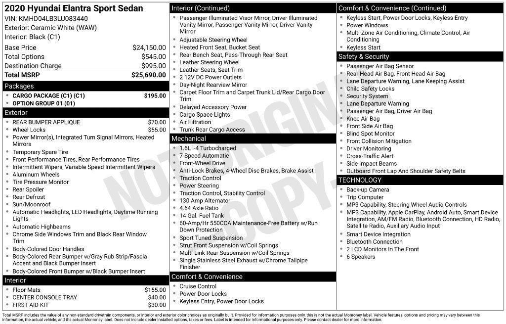 Used 2020 Hyundai Elantra Sport w/ Cargo Package (C1) FWD image 3