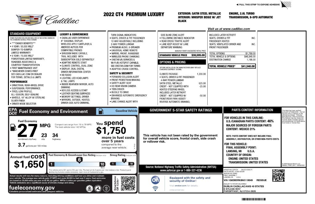 Used 2022 Cadillac CT4 Premium Luxury w/ Climate Package RWD image 3