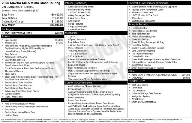 New 2026 MAZDA MX-5 Miata Grand Touring w/ Weather Package RWD image 20