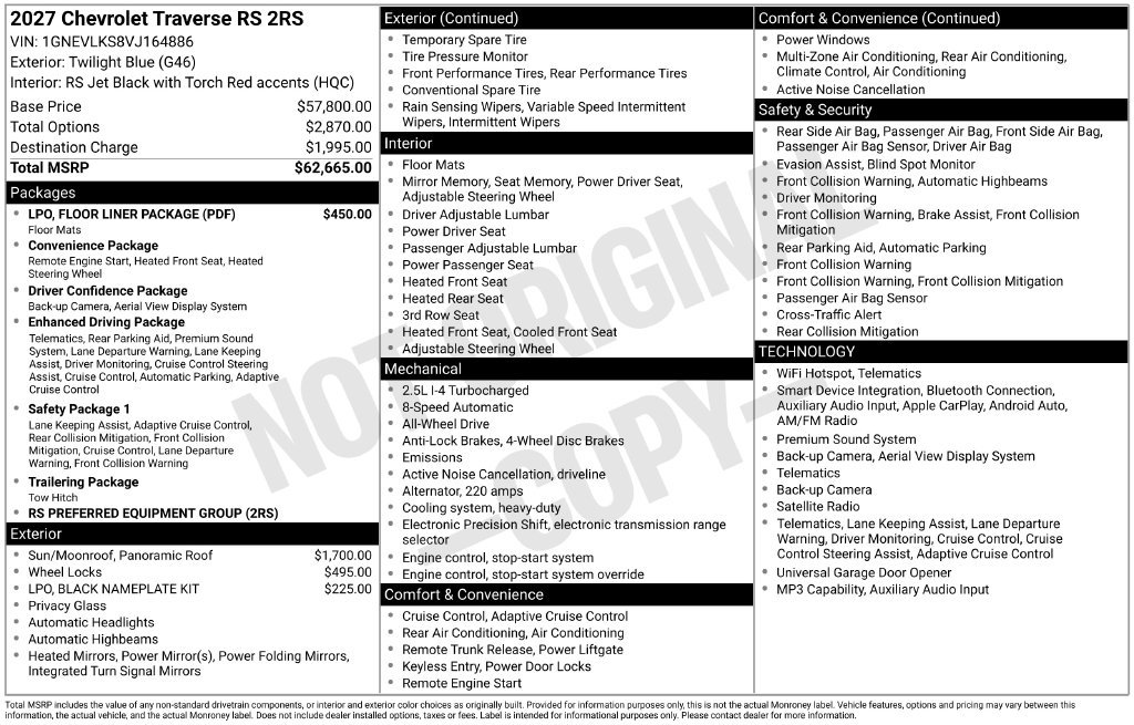 New 2027 Chevrolet Traverse RS w/ LPO, Floor Liner Package AWD/4WD image 4