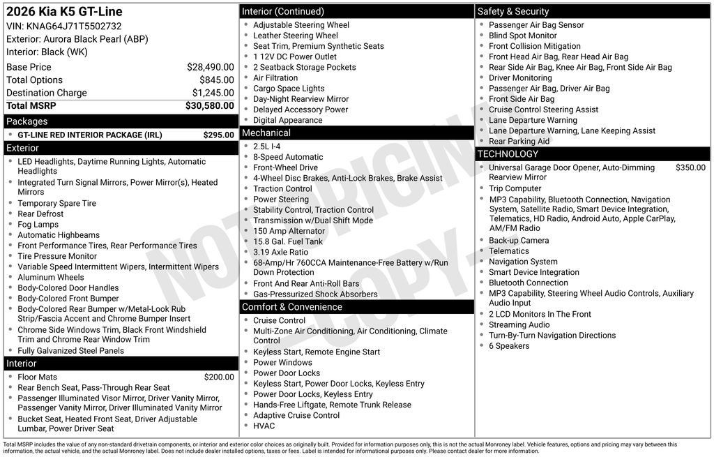 New 2026 Kia K5 GT-Line w/ GT-Line Red Interior Package FWD image 1
