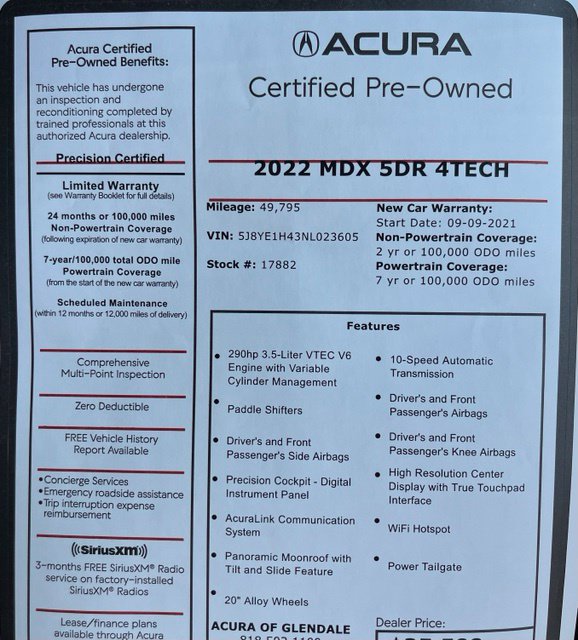 Certified 2022 Acura MDX w/ Technology Package AWD/4WD image 2