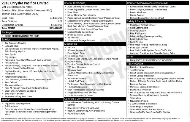 Used 2018 Chrysler Pacifica Limited FWD image 1