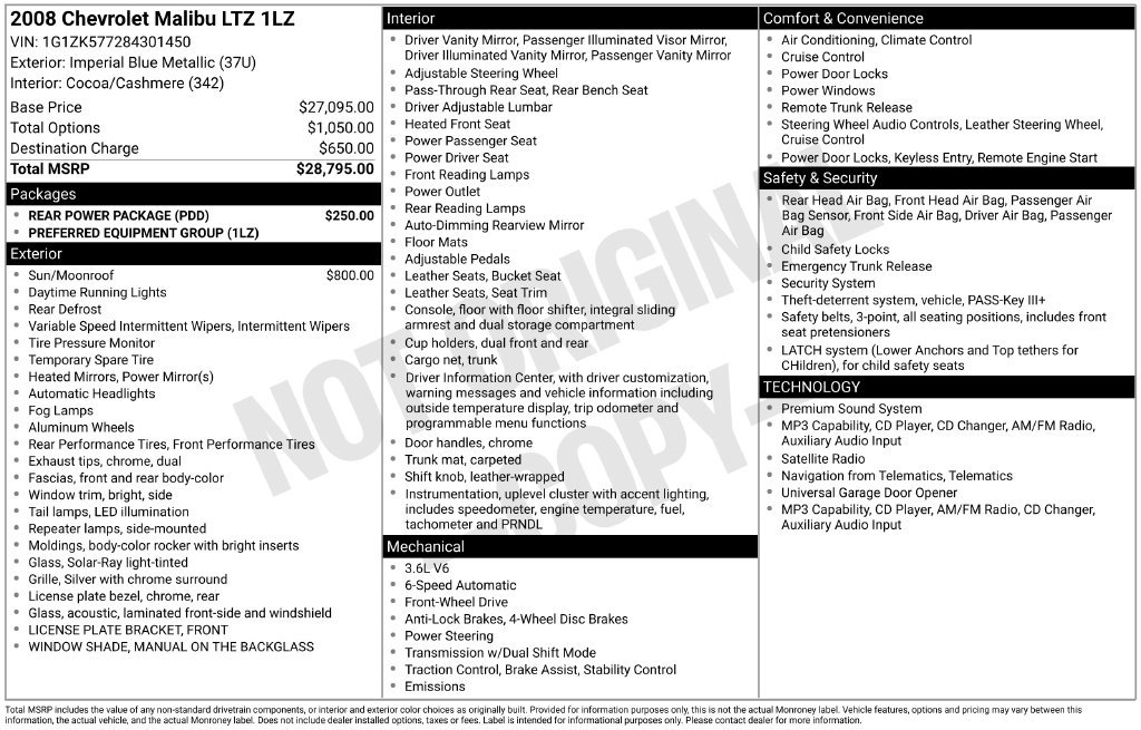 Used 2008 Chevrolet Malibu LTZ w/ Rear Power Package FWD image 6