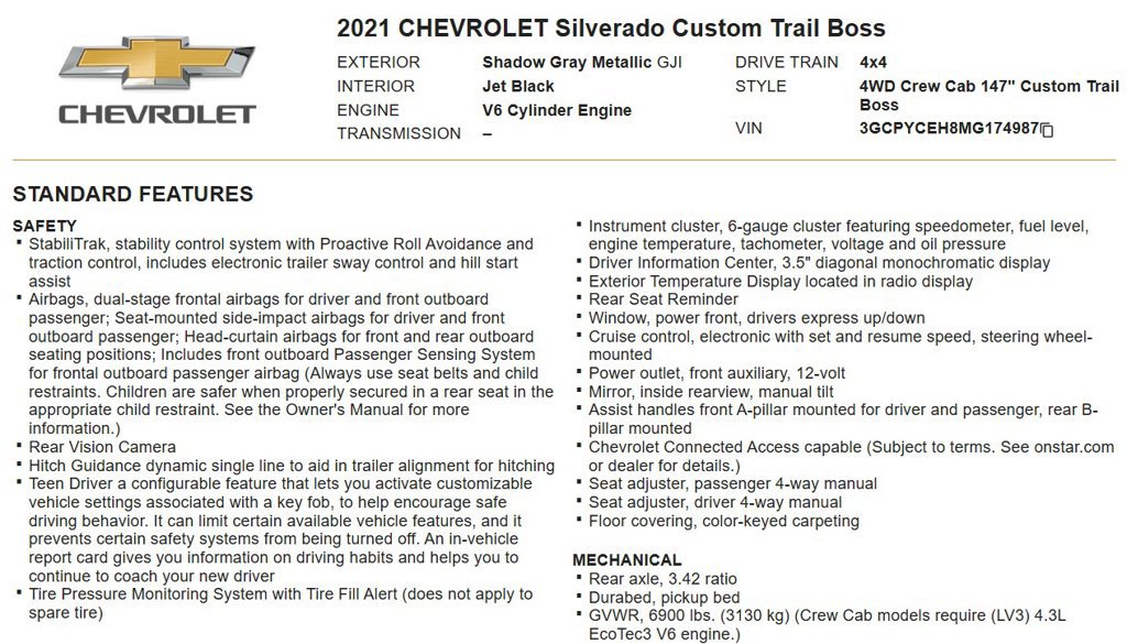 Used 2021 Chevrolet Silverado 1500 Custom Trail Boss w/ LPO, Dark Essentials Package AWD/4WD image 21